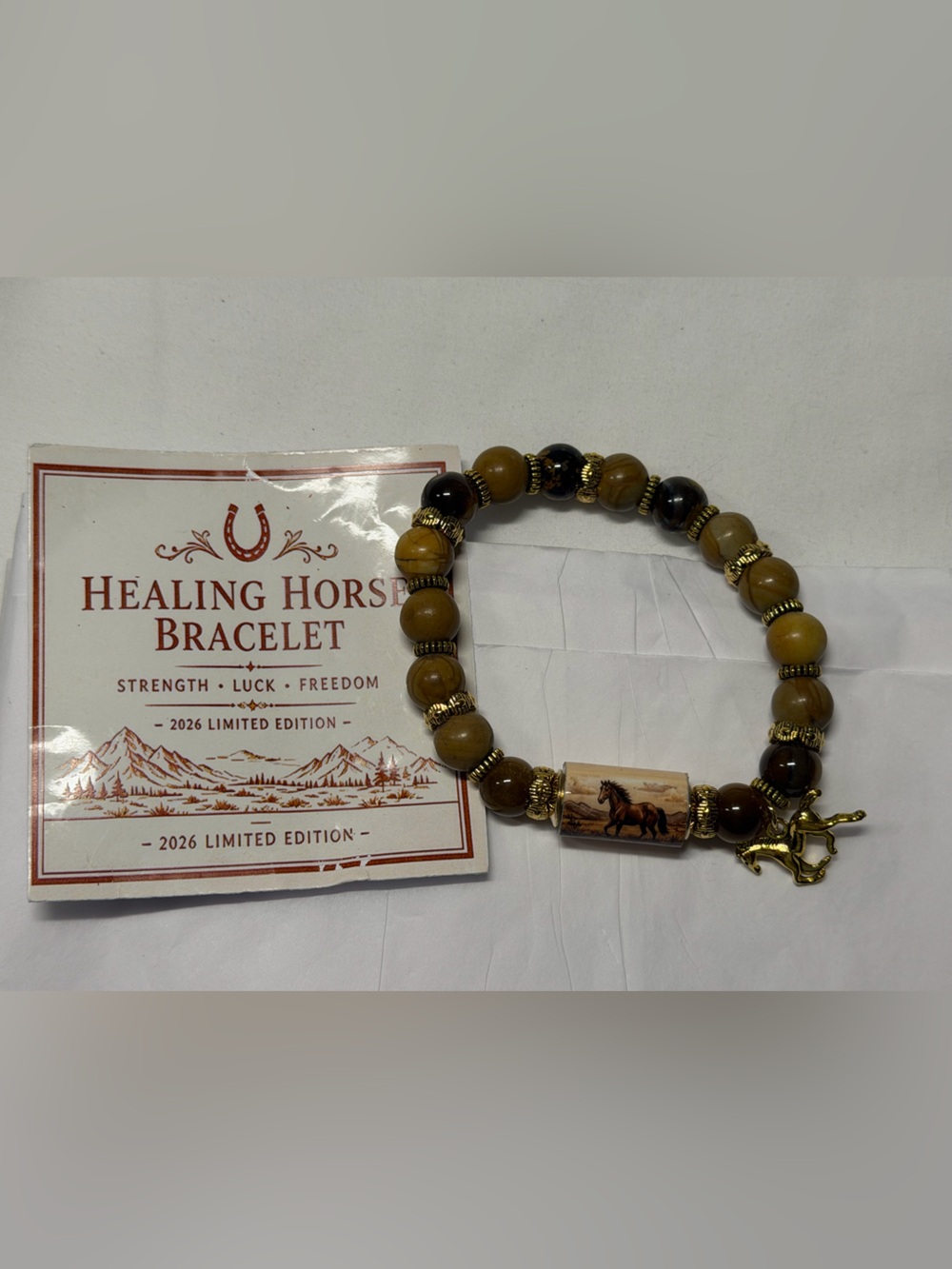 Healing Horse Bracelet - Brown & Gold Beaded Charm Bracelet